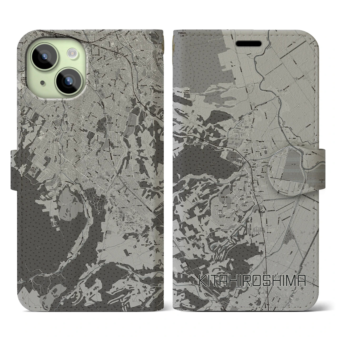 【北広島(広島県)】地図柄iPhoneケース(手帳タイプ)モノトーン・iPhone 15 用