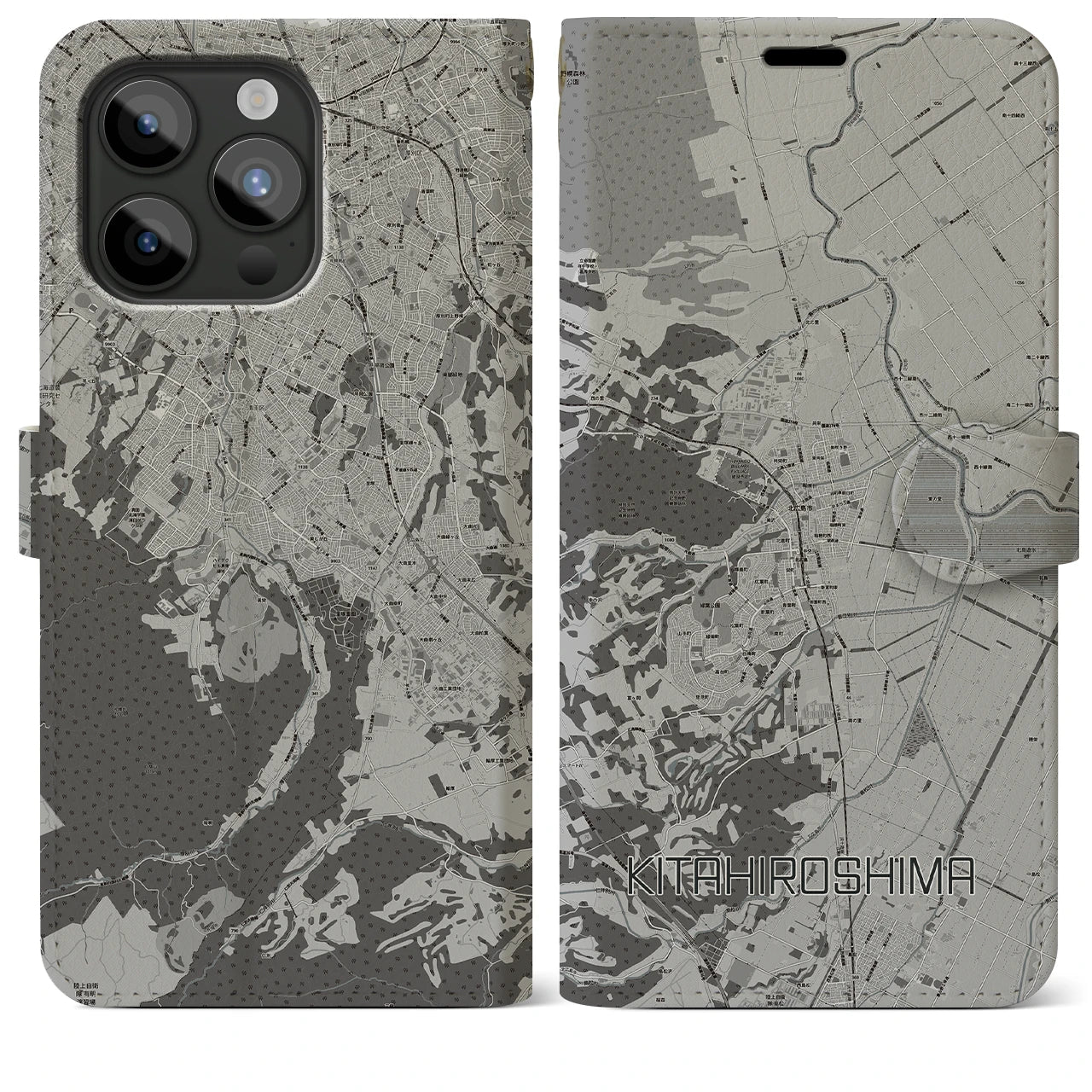 【北広島(広島県)】地図柄iPhoneケース(手帳タイプ)モノトーン・iPhone 15 Pro Max 用