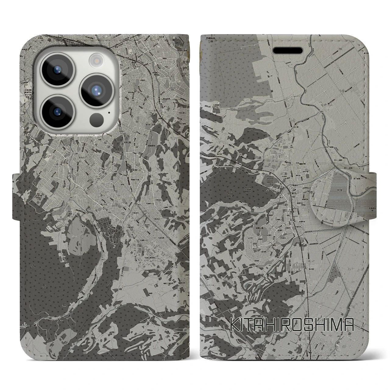 【北広島(広島県)】地図柄iPhoneケース(手帳タイプ)モノトーン・iPhone 15 Pro 用