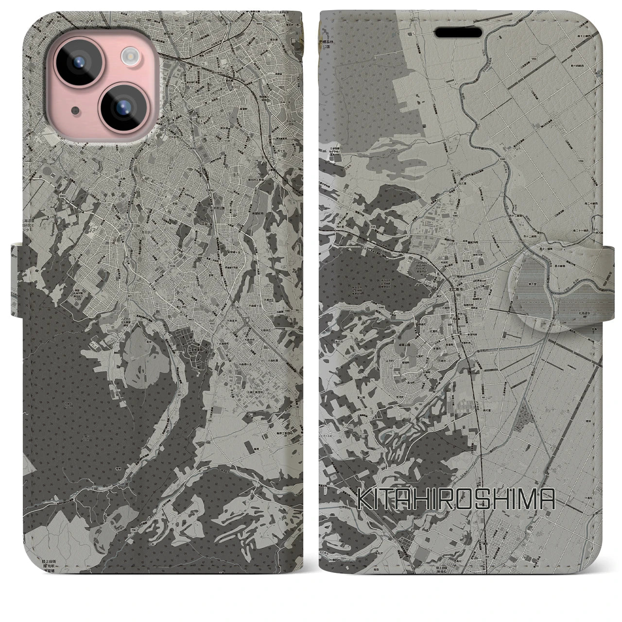 【北広島(広島県)】地図柄iPhoneケース(手帳タイプ)モノトーン・iPhone 15 Plus 用