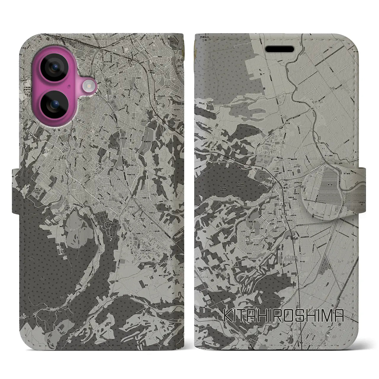 【北広島(広島県)】地図柄iPhoneケース(手帳タイプ)モノトーン・iPhone 16 Pro 用