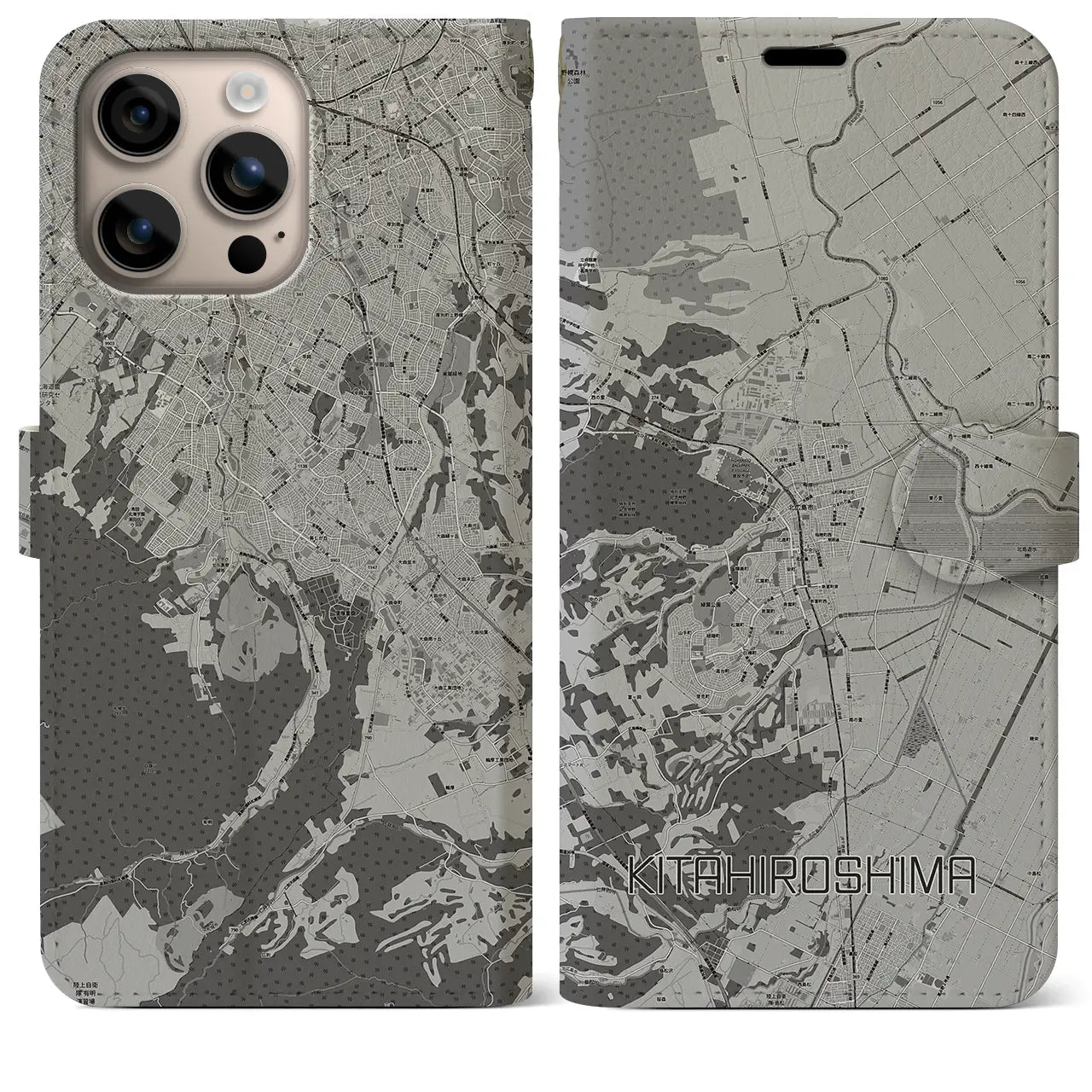 【北広島(広島県)】地図柄iPhoneケース(手帳タイプ)モノトーン・iPhone 16 Plus 用