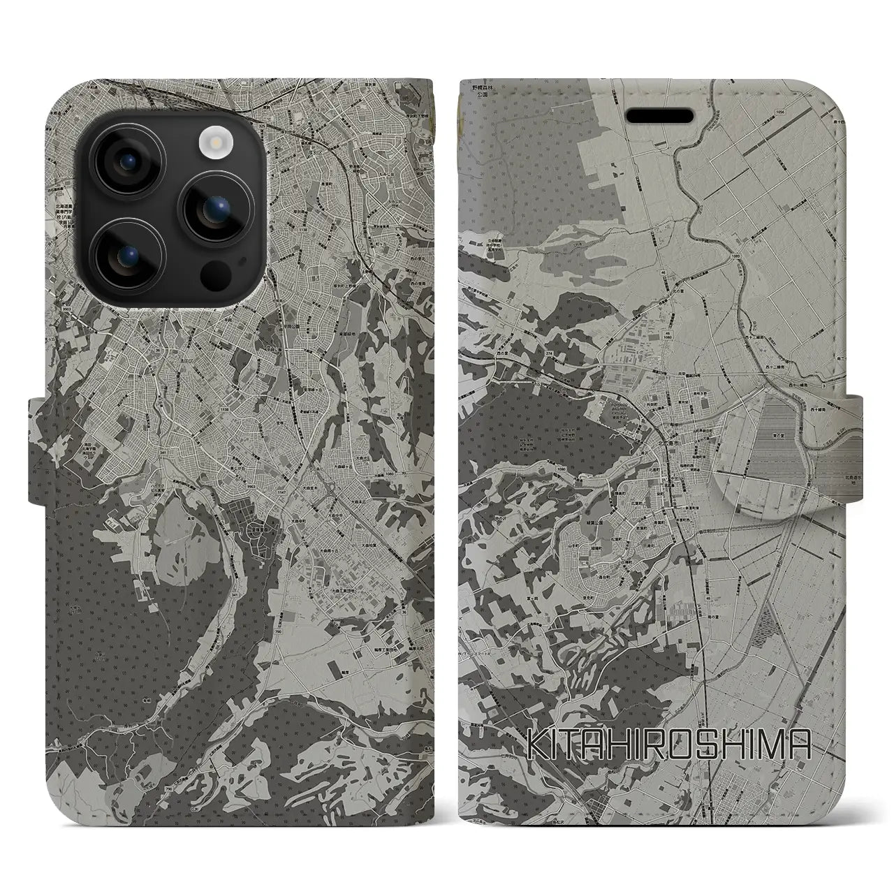 【北広島(広島県)】地図柄iPhoneケース(手帳タイプ)モノトーン・iPhone 16 用