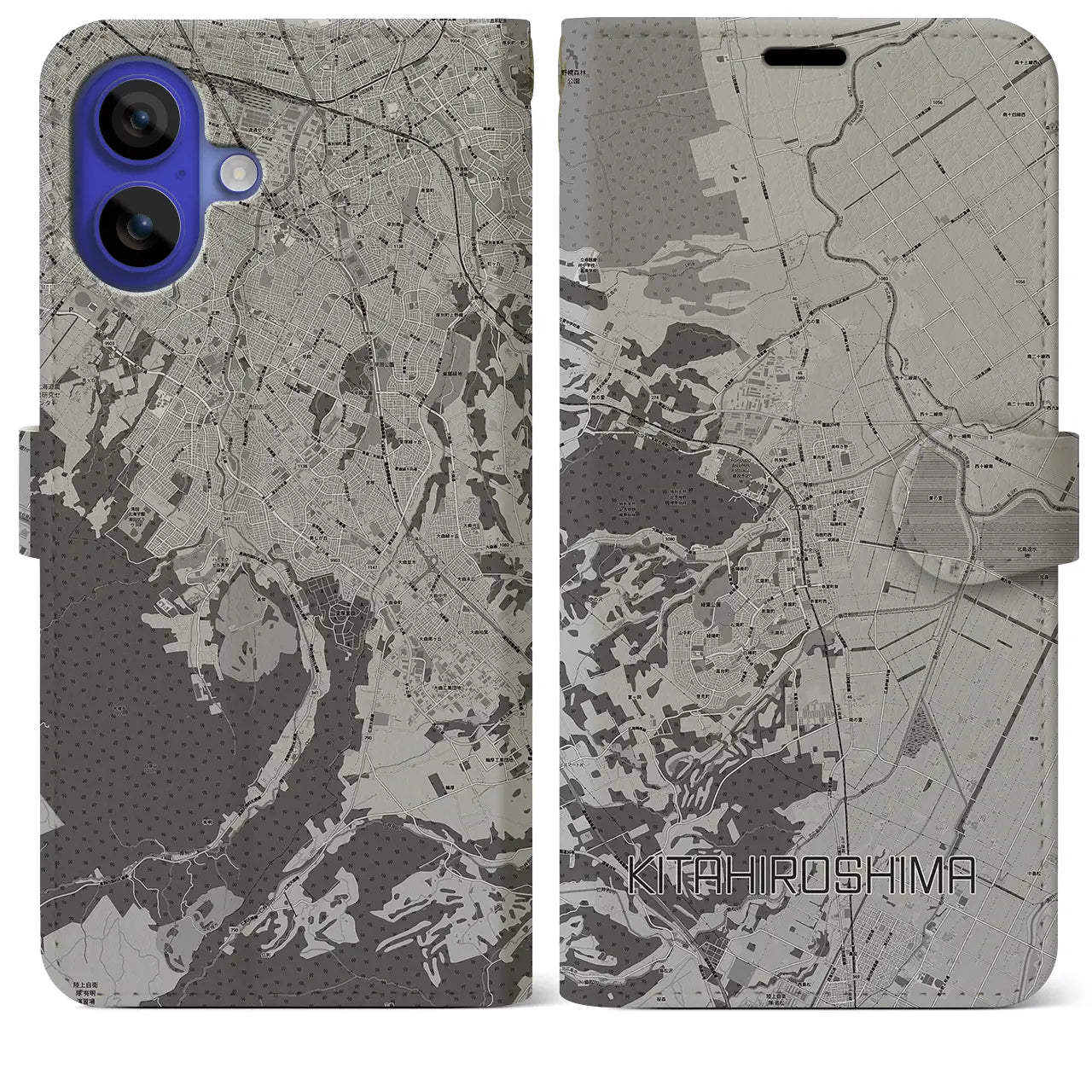 【北広島(広島県)】地図柄iPhoneケース(手帳タイプ)モノトーン・iPhone 16 Pro Max 用