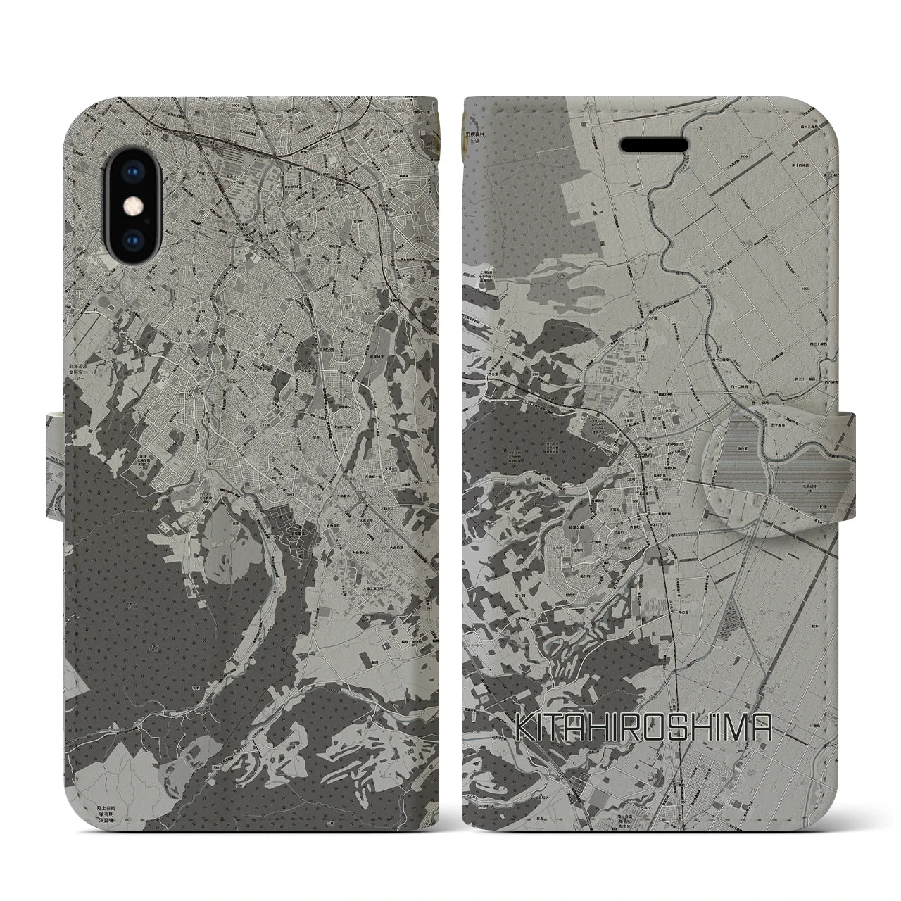 【北広島(広島県)】地図柄iPhoneケース(手帳タイプ)モノトーン・iPhone XS / X 用