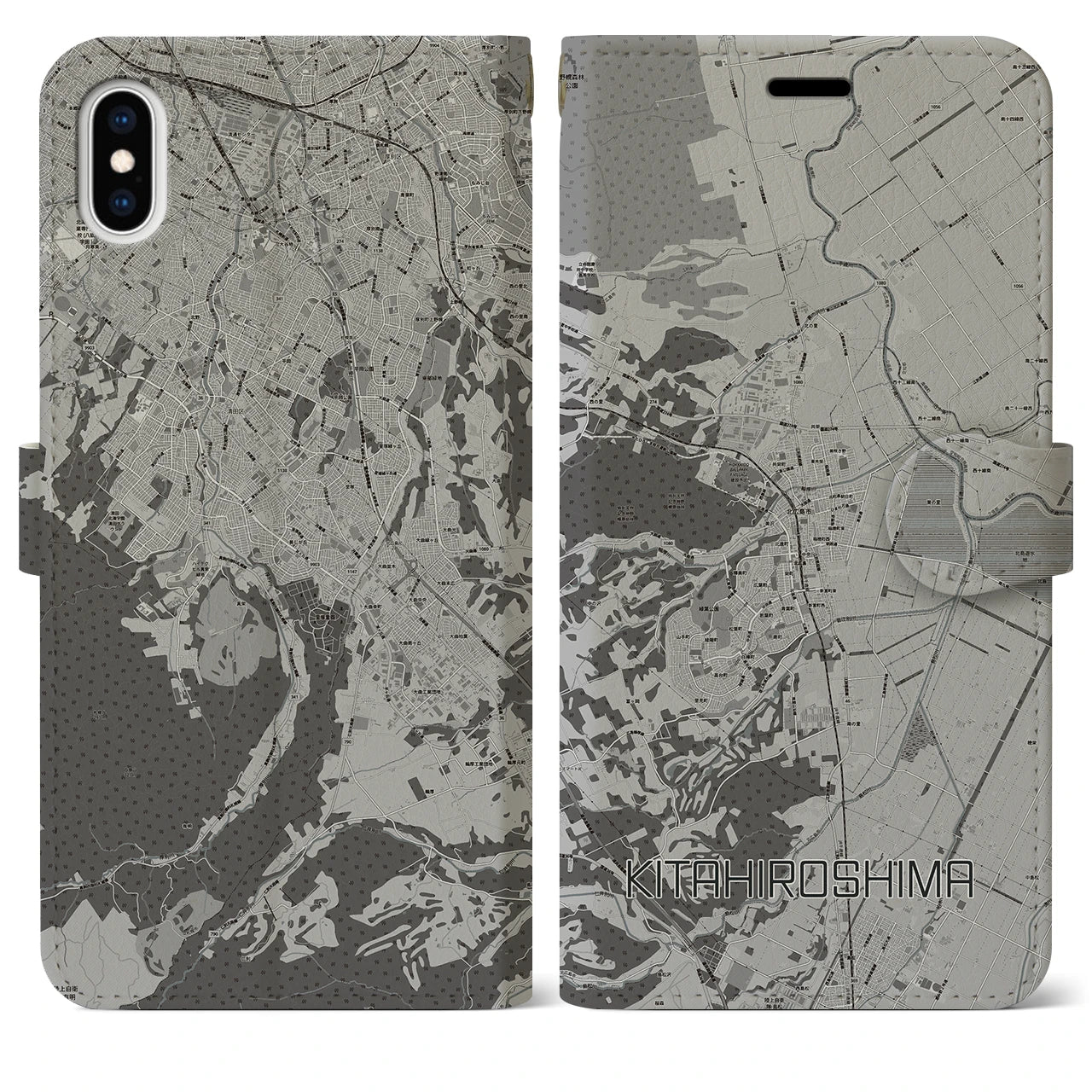 【北広島(広島県)】地図柄iPhoneケース(手帳タイプ)モノトーン・iPhone XS Max 用