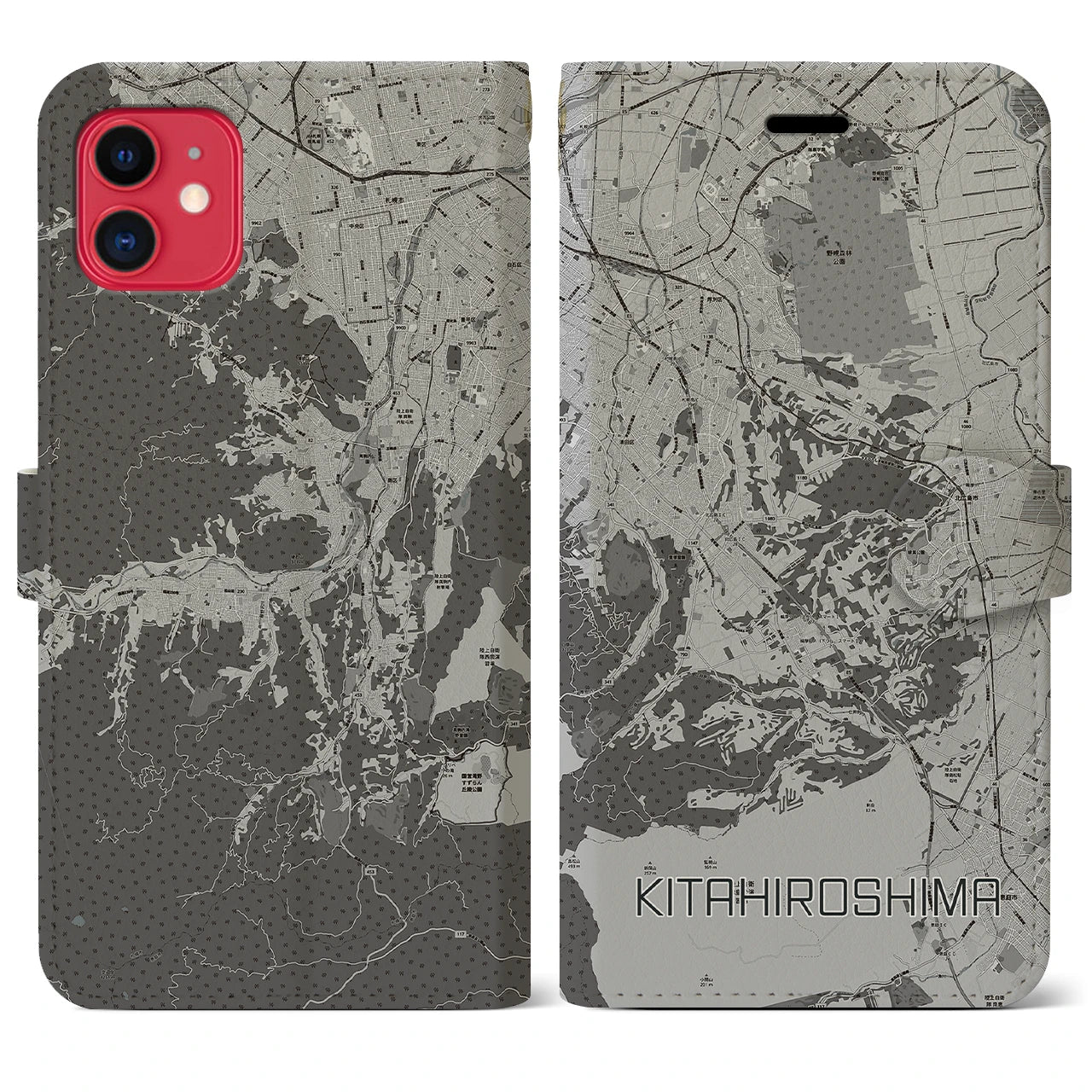 【北広島2(北海道)】地図柄iPhoneケース(手帳タイプ)モノトーン・iPhone 11 用
