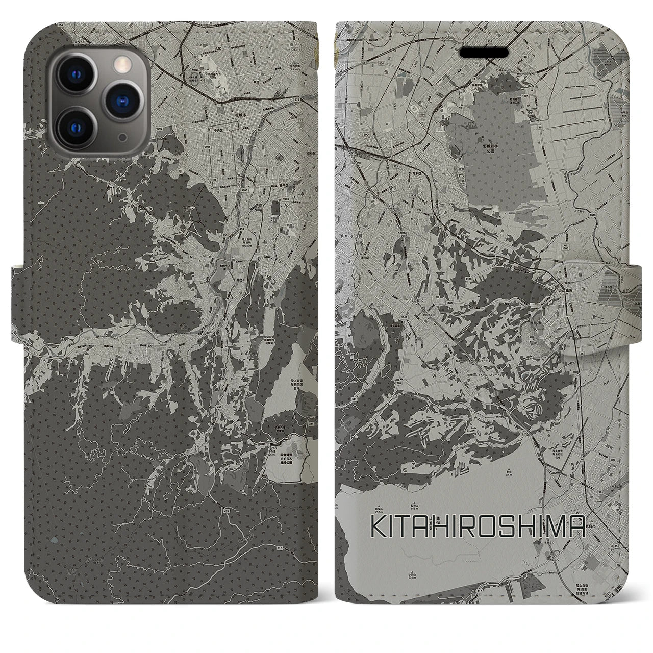 【北広島2(北海道)】地図柄iPhoneケース(手帳タイプ)モノトーン・iPhone 11 Pro Max 用