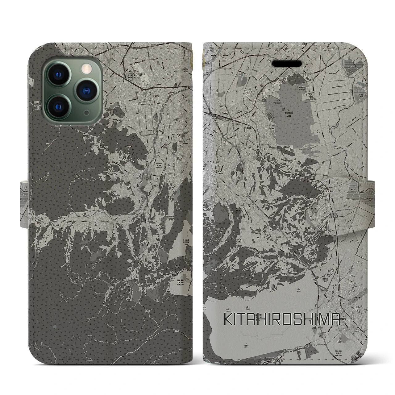 【北広島2(北海道)】地図柄iPhoneケース(手帳タイプ)モノトーン・iPhone 11 Pro 用
