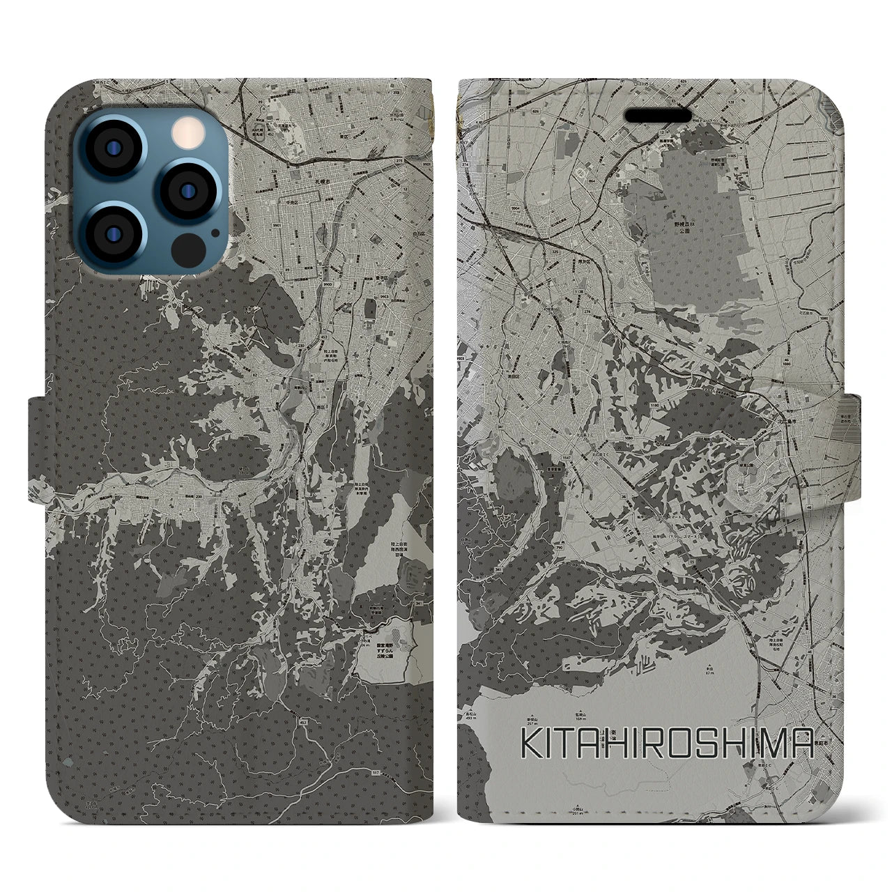 【北広島2(北海道)】地図柄iPhoneケース(手帳タイプ)モノトーン・iPhone 12 / 12 Pro 用