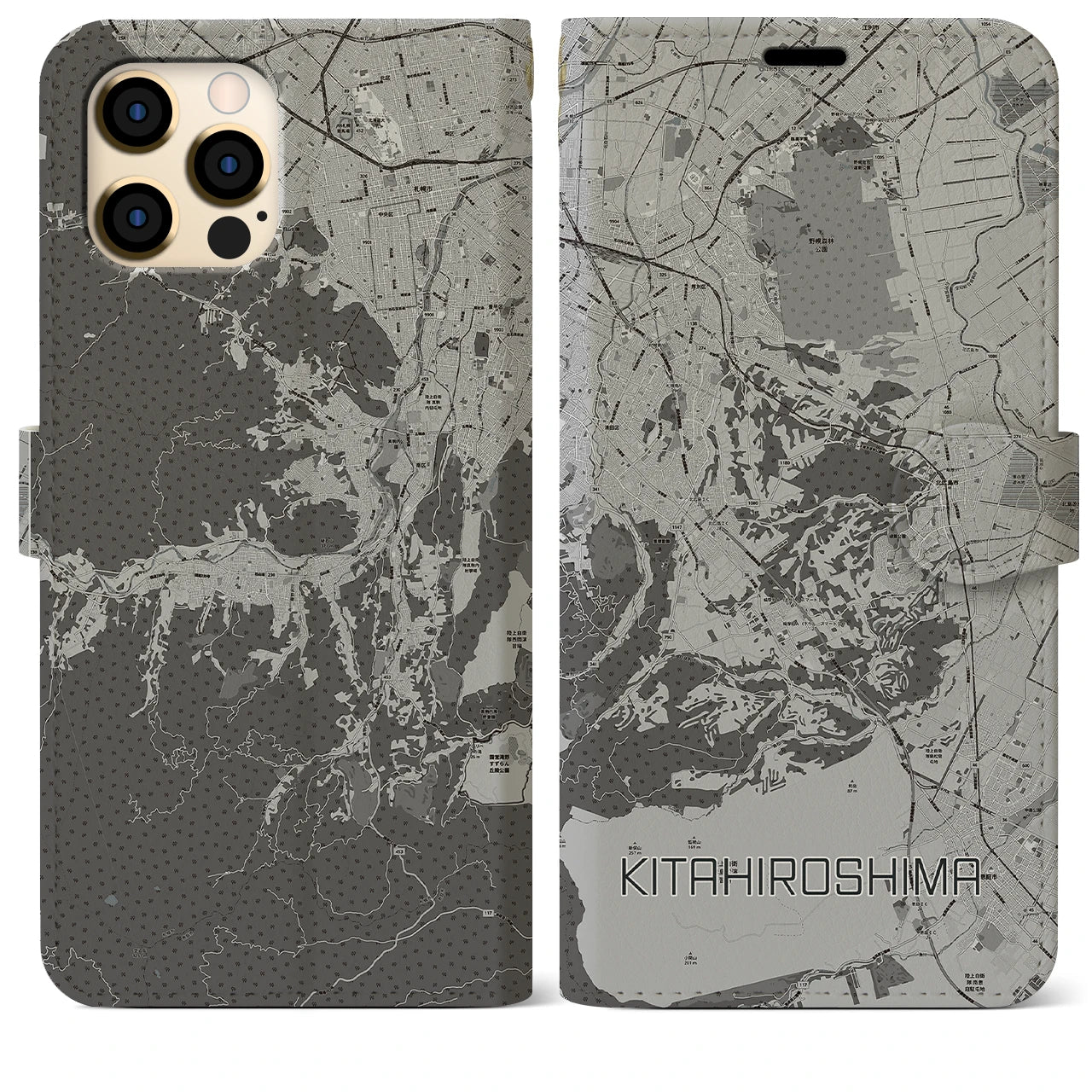 【北広島2(北海道)】地図柄iPhoneケース(手帳タイプ)モノトーン・iPhone 12 Pro Max 用
