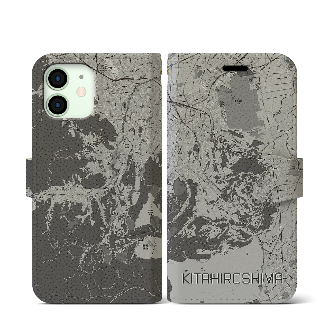 【北広島2(北海道)】地図柄iPhoneケース(手帳タイプ)モノトーン・iPhone 12 mini 用