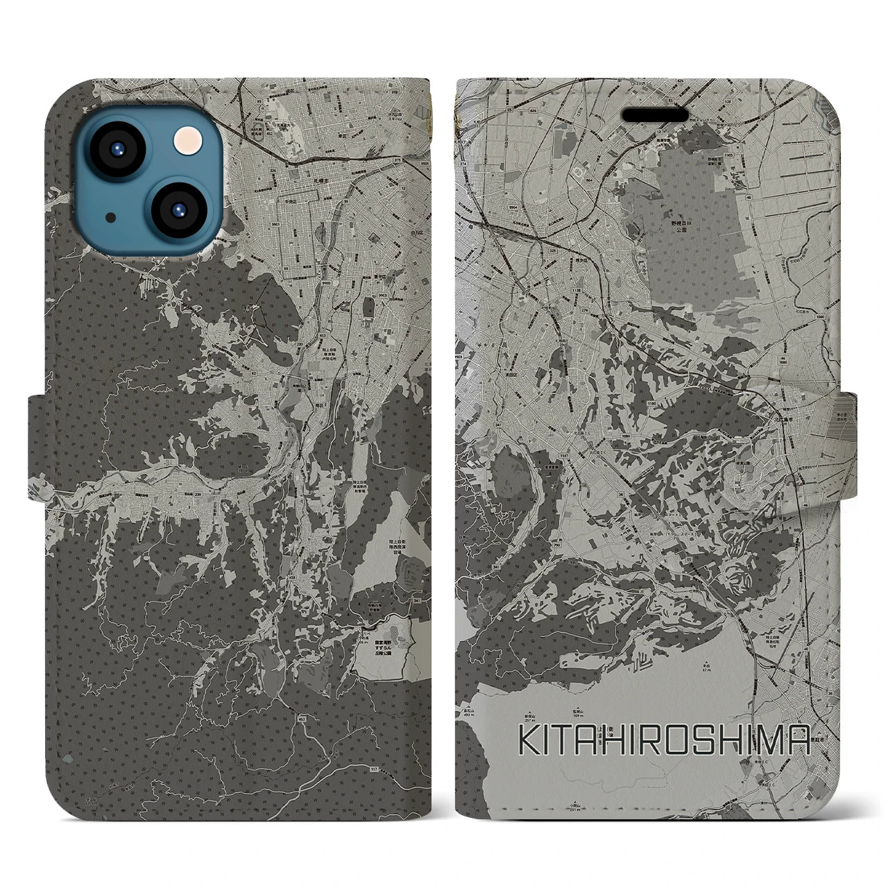 【北広島2(北海道)】地図柄iPhoneケース(手帳タイプ)モノトーン・iPhone 13 用