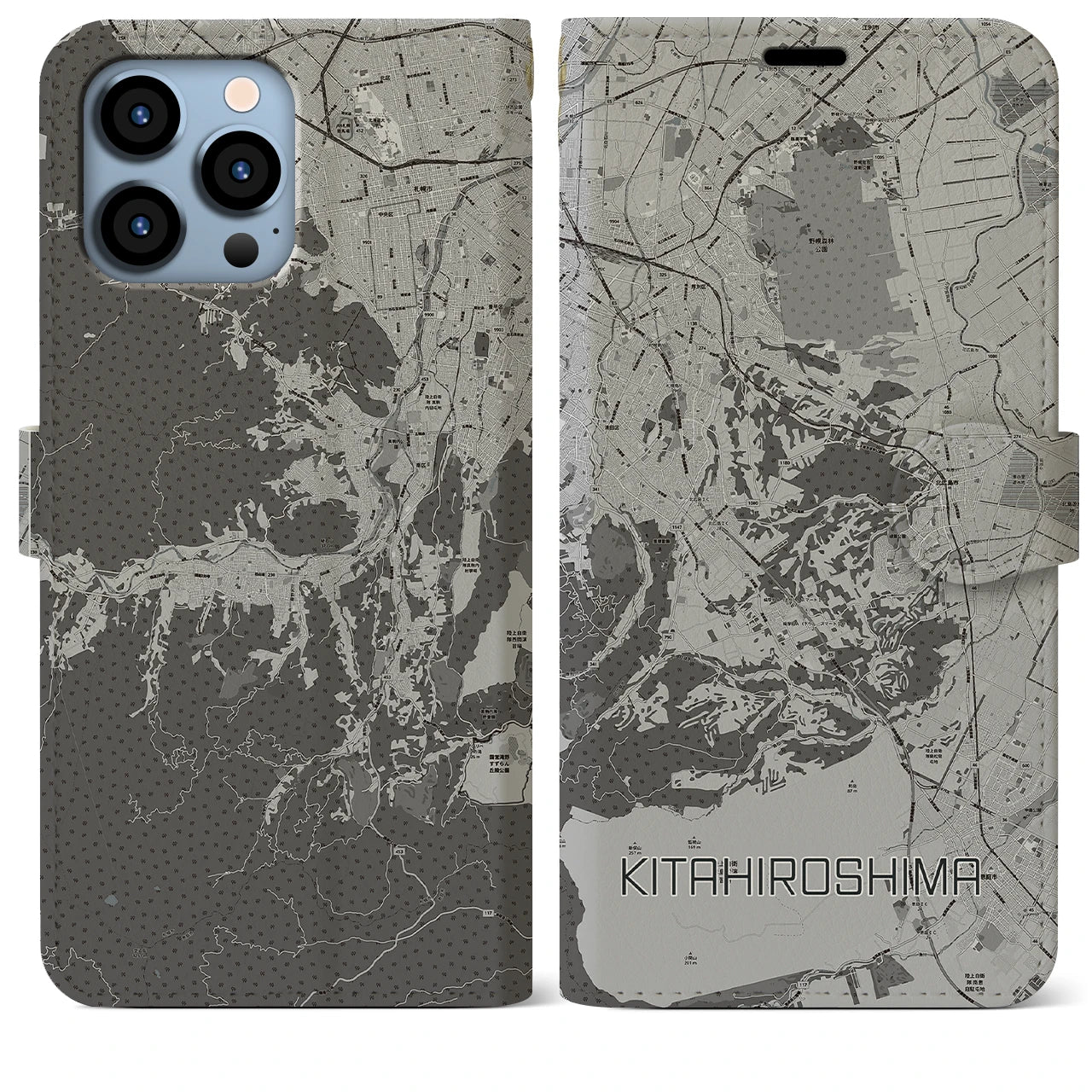 【北広島2(北海道)】地図柄iPhoneケース(手帳タイプ)モノトーン・iPhone 13 Pro Max 用