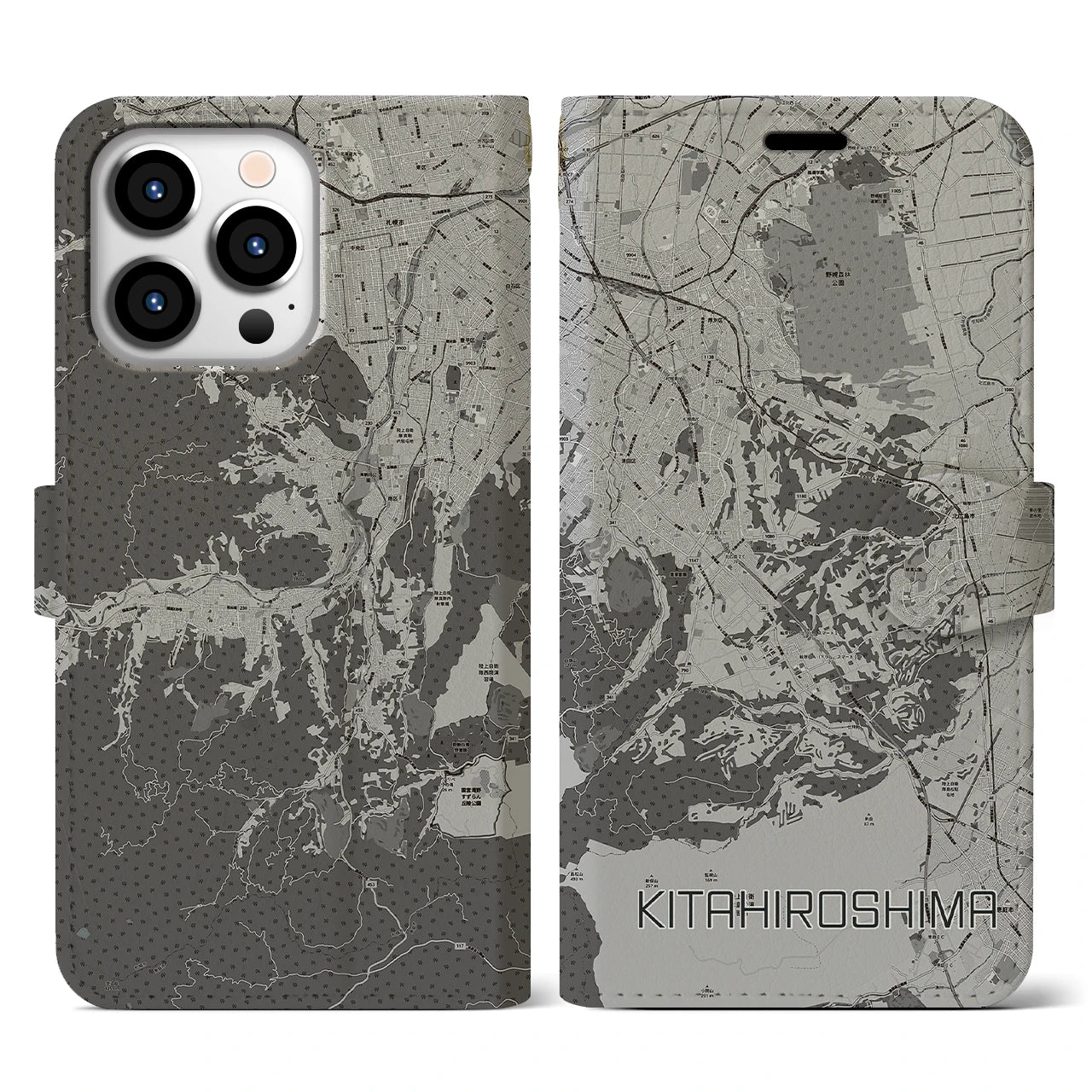 【北広島2(北海道)】地図柄iPhoneケース(手帳タイプ)モノトーン・iPhone 13 Pro 用