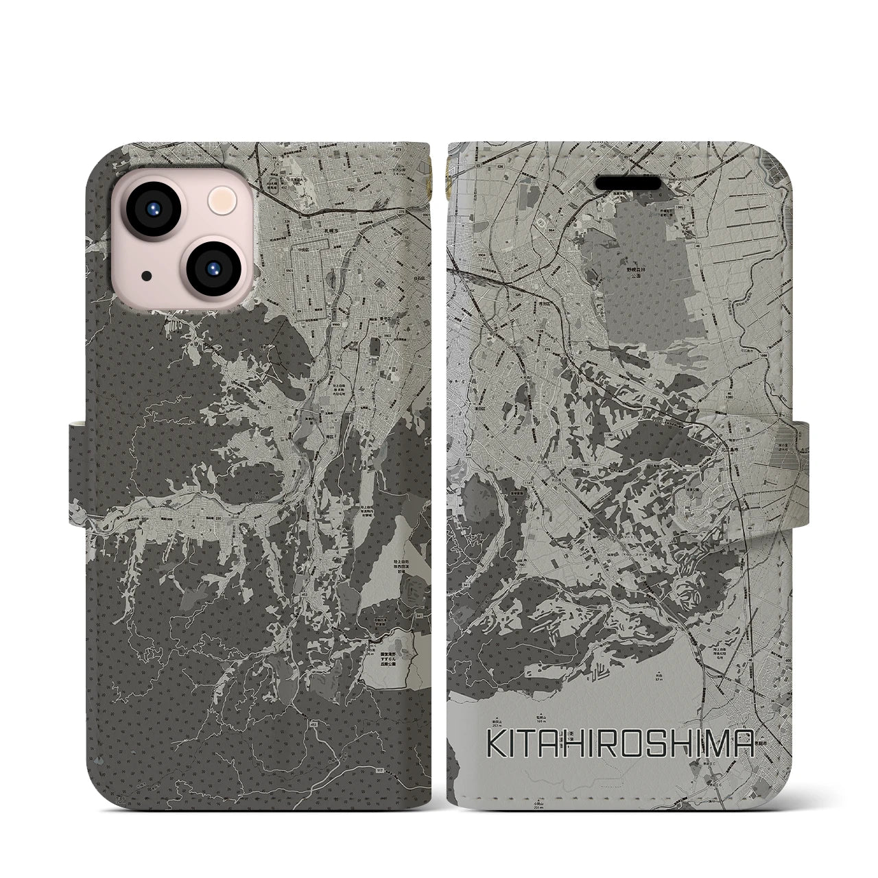 【北広島2(北海道)】地図柄iPhoneケース(手帳タイプ)モノトーン・iPhone 13 mini 用