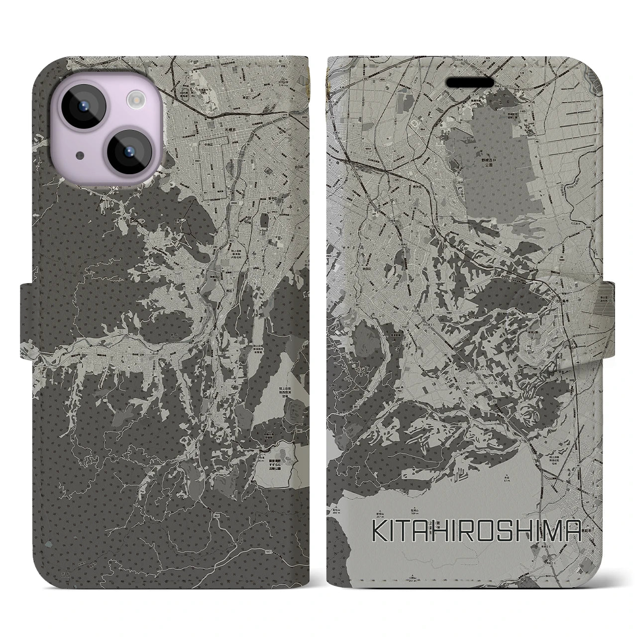 【北広島2(北海道)】地図柄iPhoneケース(手帳タイプ)モノトーン・iPhone 14 用