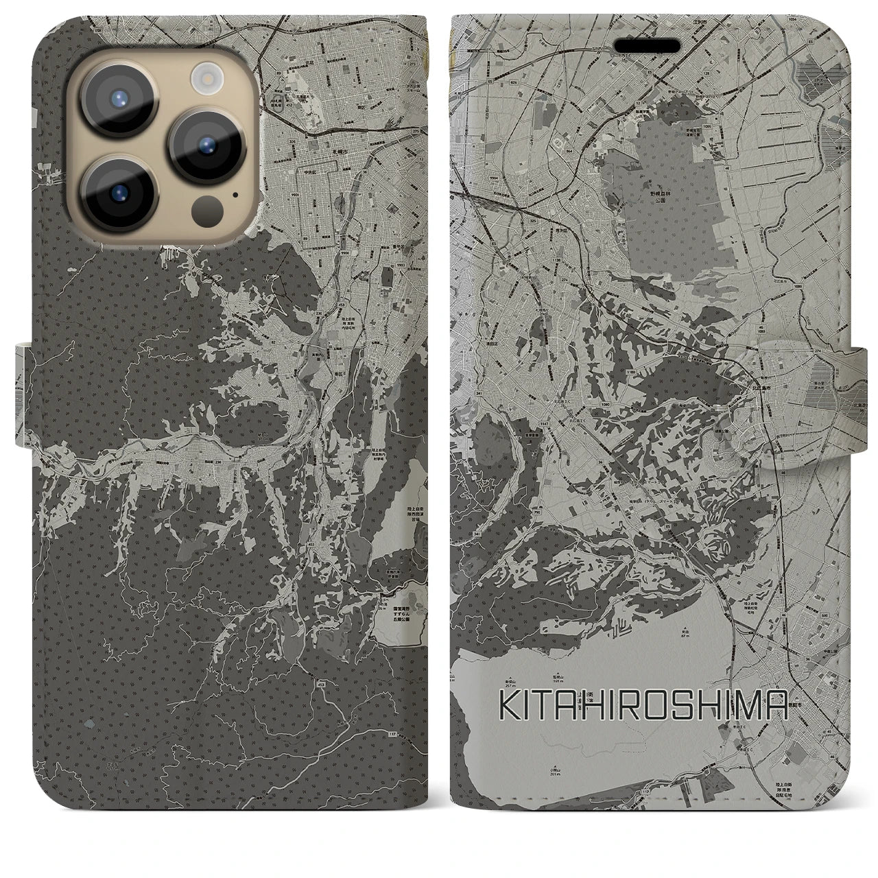 【北広島2(北海道)】地図柄iPhoneケース(手帳タイプ)モノトーン・iPhone 14 Pro Max 用
