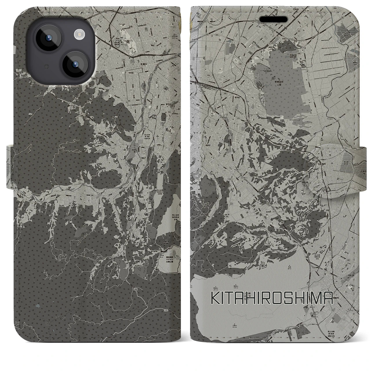 【北広島2(北海道)】地図柄iPhoneケース(手帳タイプ)モノトーン・iPhone 14 Plus 用