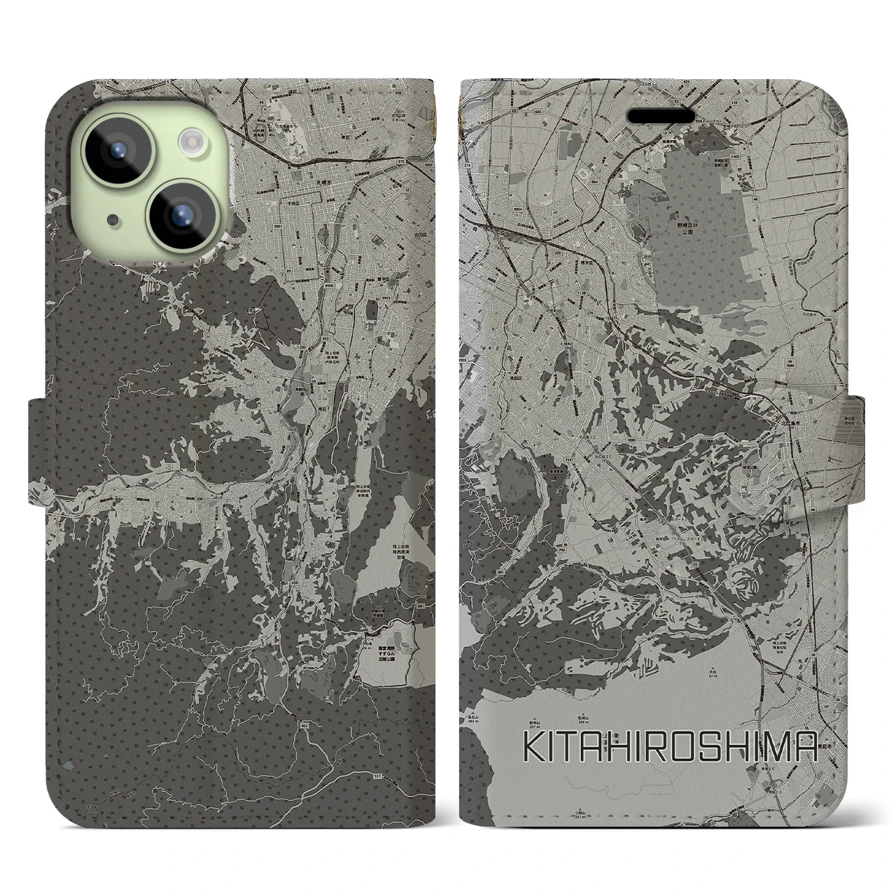 【北広島2(北海道)】地図柄iPhoneケース(手帳タイプ)モノトーン・iPhone 15 用