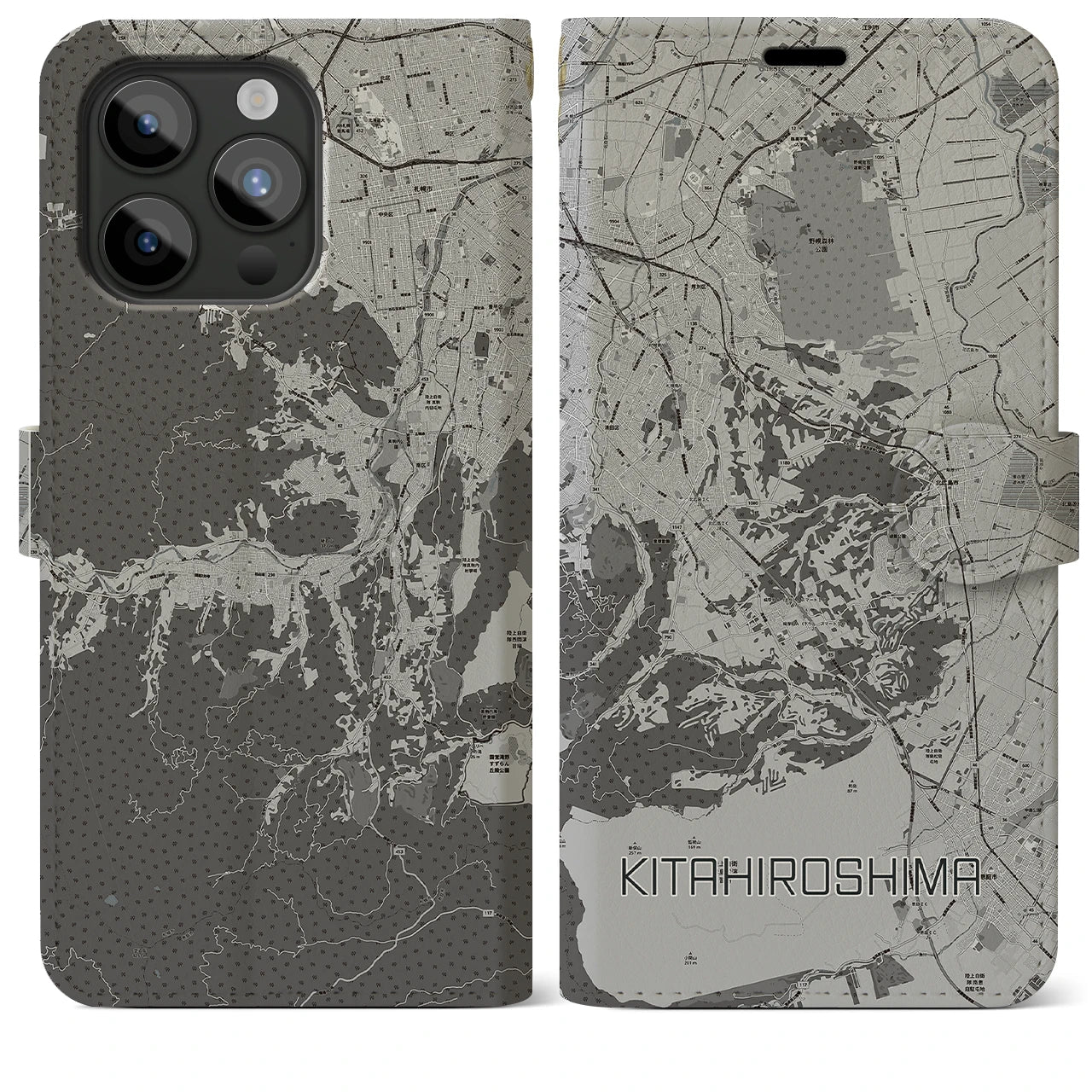 【北広島2(北海道)】地図柄iPhoneケース(手帳タイプ)モノトーン・iPhone 15 Pro Max 用