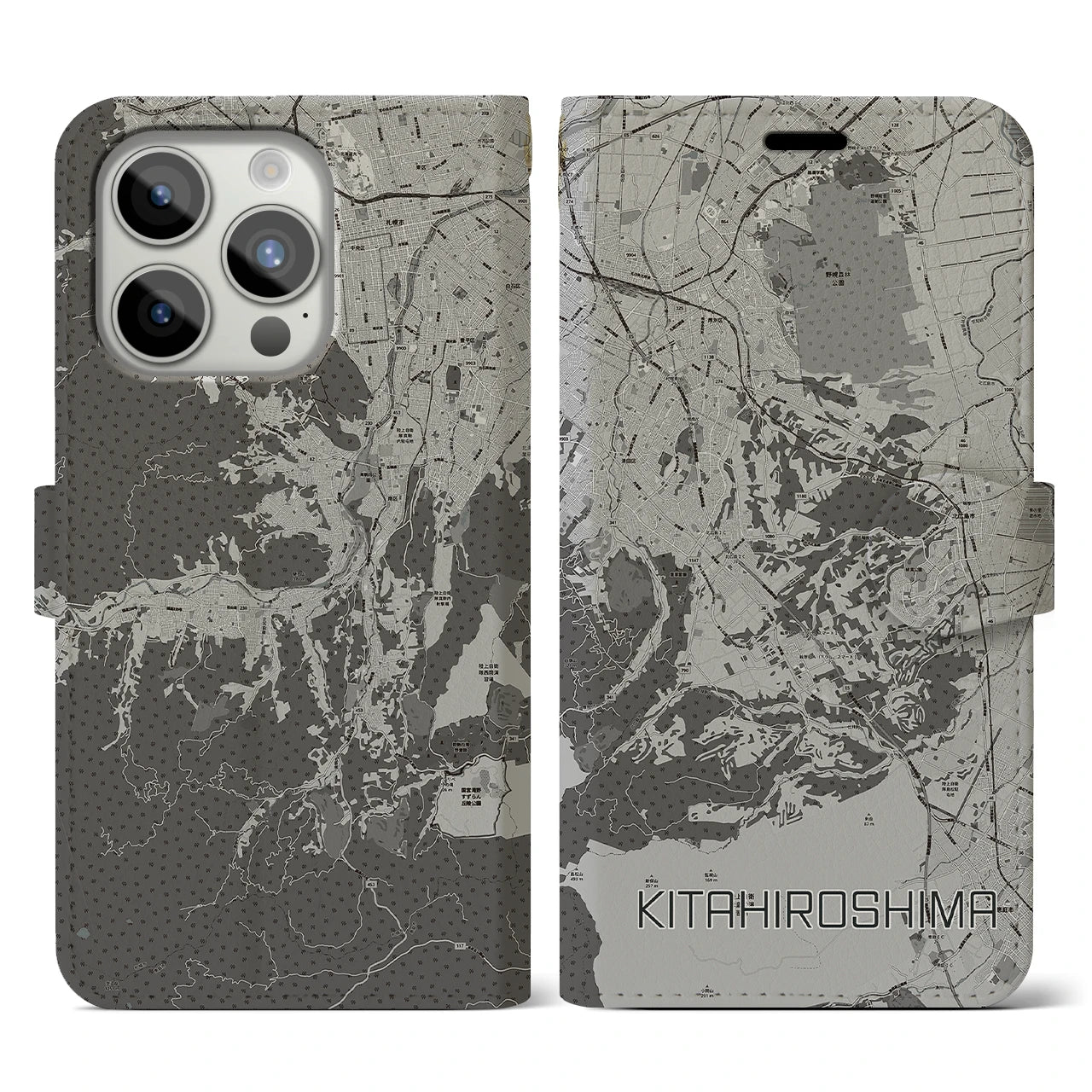 【北広島2(北海道)】地図柄iPhoneケース(手帳タイプ)モノトーン・iPhone 15 Pro 用