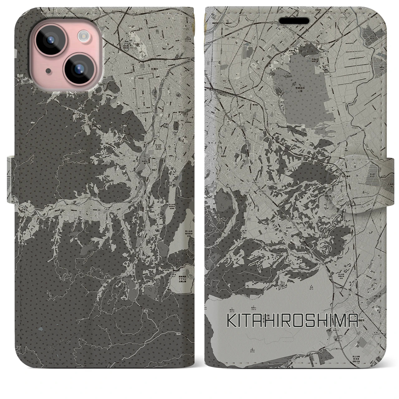 【北広島2(北海道)】地図柄iPhoneケース(手帳タイプ)モノトーン・iPhone 15 Plus 用