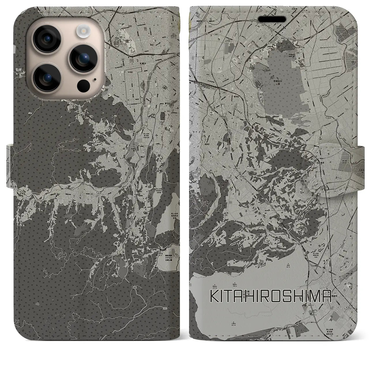 【北広島2(北海道)】地図柄iPhoneケース(手帳タイプ)モノトーン・iPhone 16 Plus 用