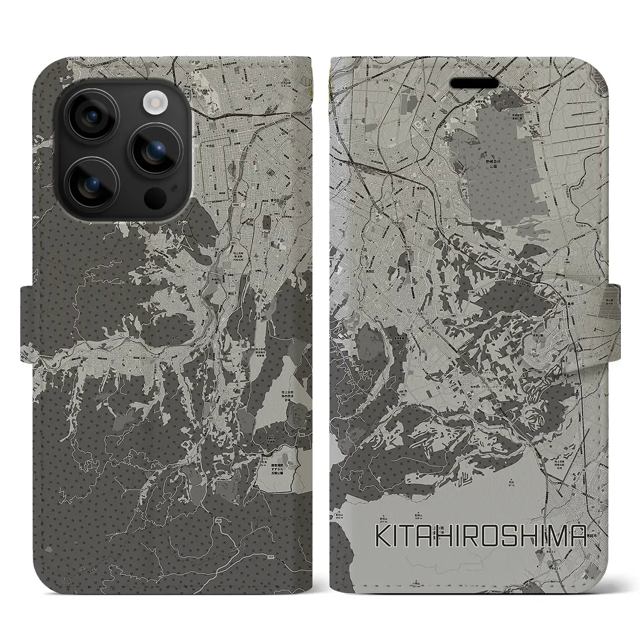 【北広島2(北海道)】地図柄iPhoneケース(手帳タイプ)モノトーン・iPhone 16 用