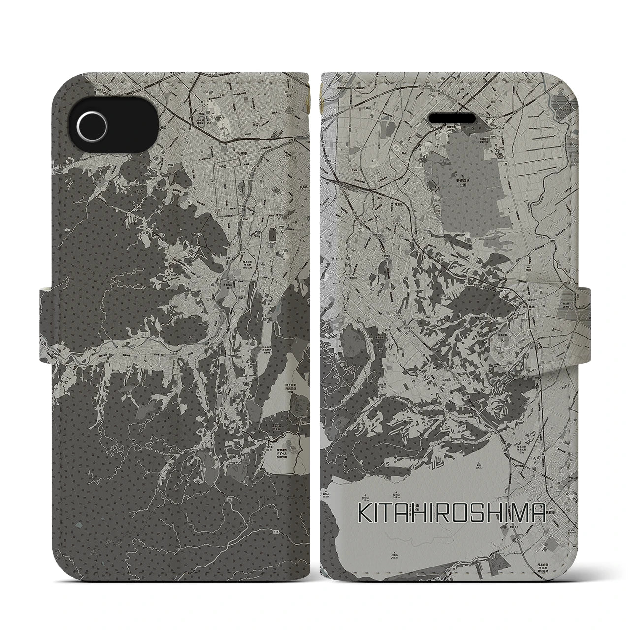 【北広島2(北海道)】地図柄iPhoneケース(手帳タイプ)モノトーン・iPhone SE(第3 / 第2世代) / 8 / 7 / 6s / 6 用