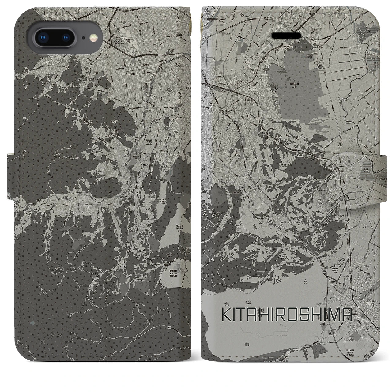 【北広島2(北海道)】地図柄iPhoneケース(手帳タイプ)モノトーン・iPhone 8Plus /7Plus / 6sPlus / 6Plus 用