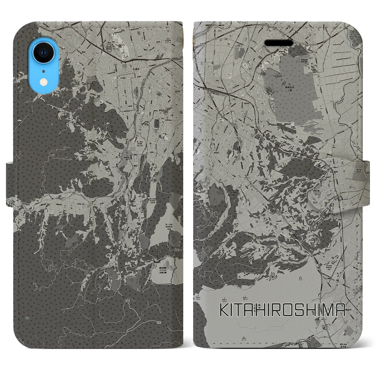 【北広島2(北海道)】地図柄iPhoneケース(手帳タイプ)モノトーン・iPhone XR 用