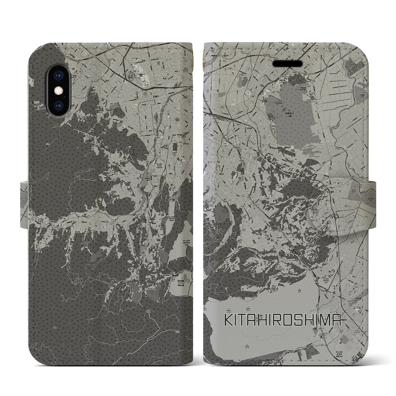 【北広島2(北海道)】地図柄iPhoneケース(手帳タイプ)モノトーン・iPhone XS / X 用