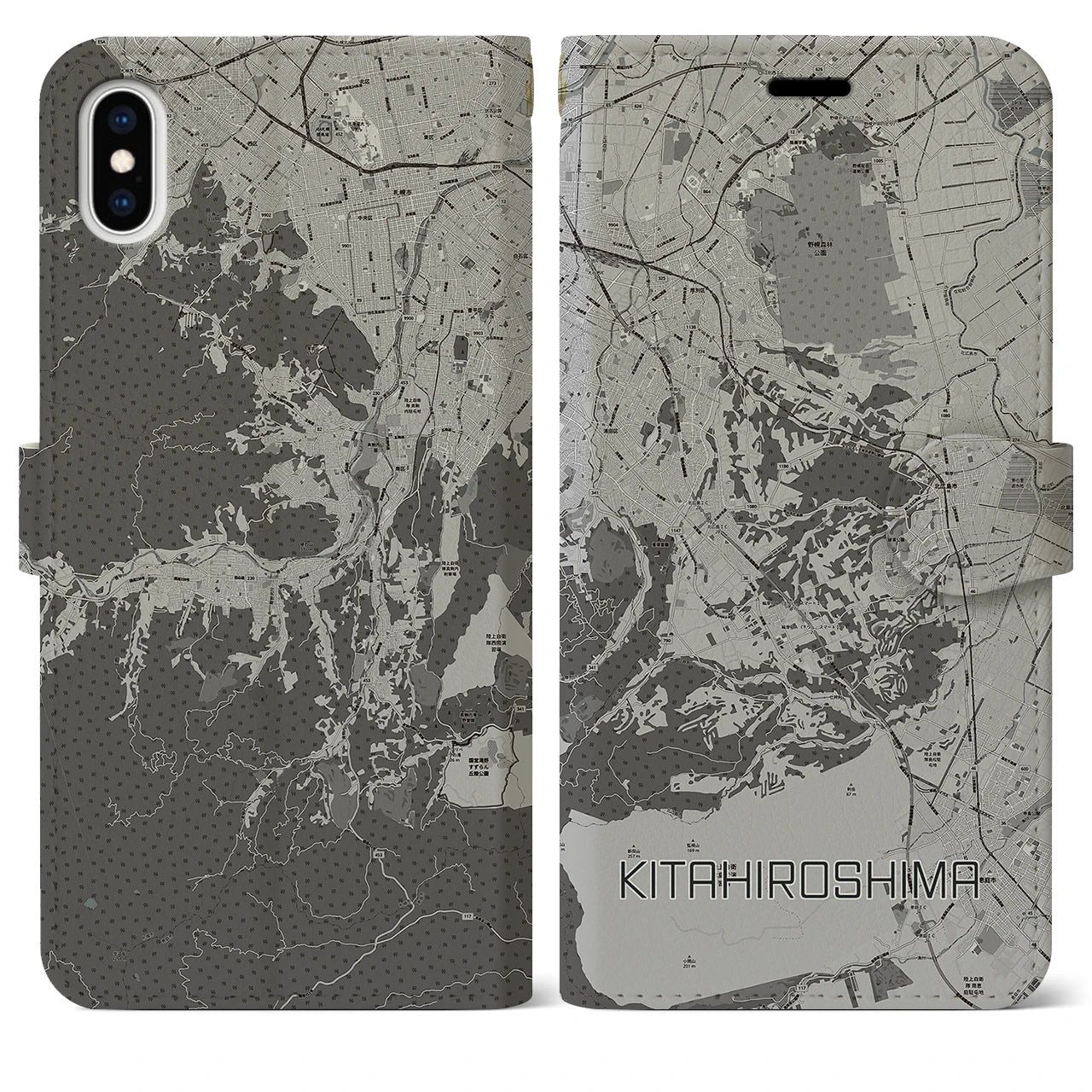 【北広島2(北海道)】地図柄iPhoneケース(手帳タイプ)モノトーン・iPhone XS Max 用
