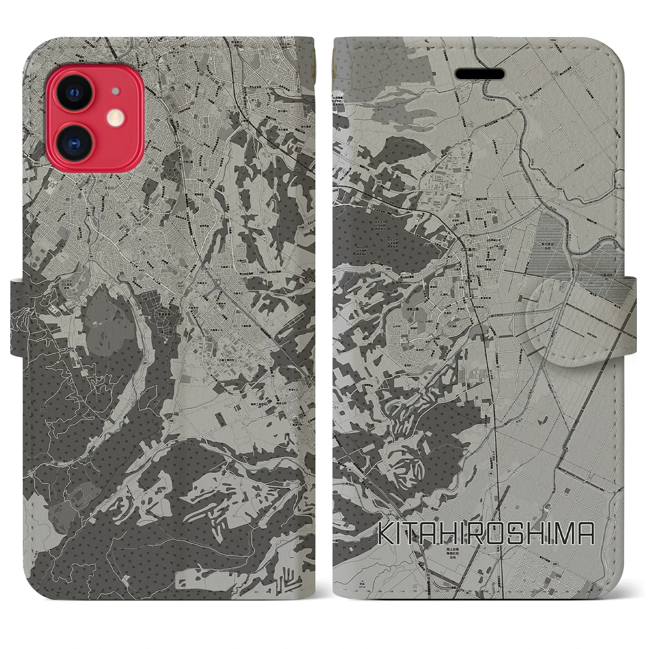 【北広島(北海道)】地図柄iPhoneケース(手帳タイプ)モノトーン・iPhone 11 用