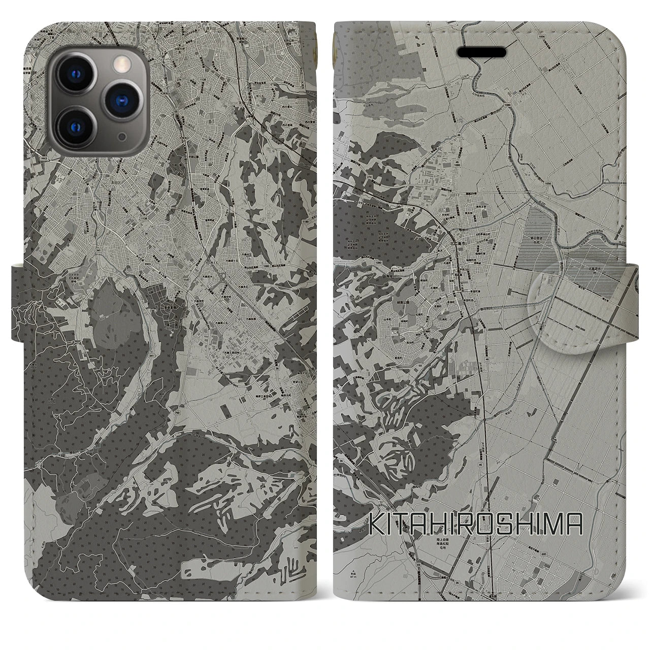 【北広島(北海道)】地図柄iPhoneケース(手帳タイプ)モノトーン・iPhone 11 Pro Max 用
