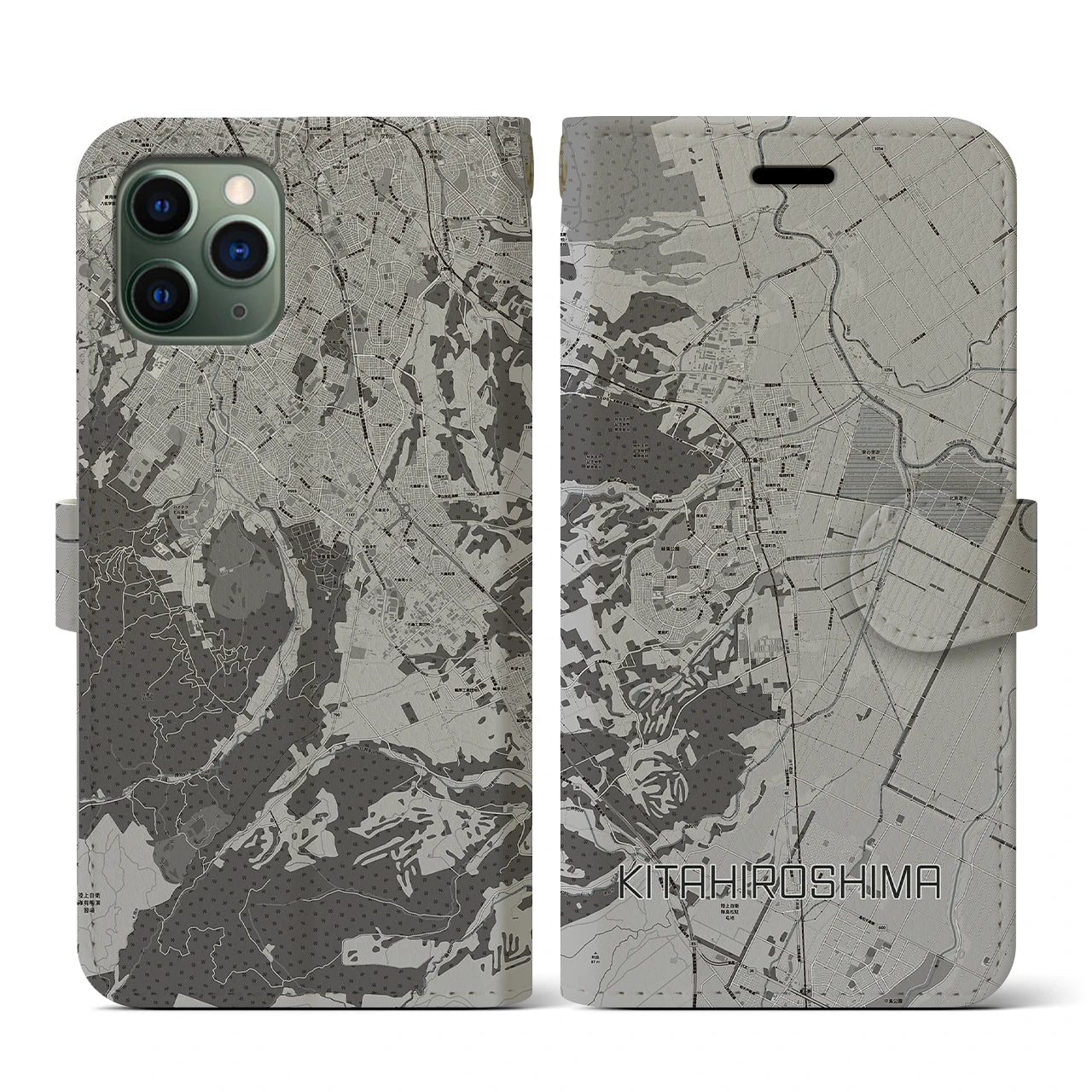 【北広島(北海道)】地図柄iPhoneケース(手帳タイプ)モノトーン・iPhone 11 Pro 用