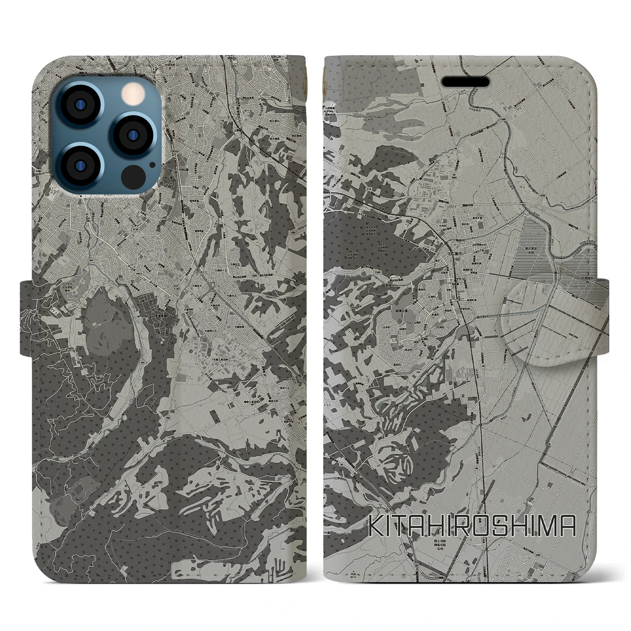 【北広島(北海道)】地図柄iPhoneケース(手帳タイプ)モノトーン・iPhone 12 / 12 Pro 用