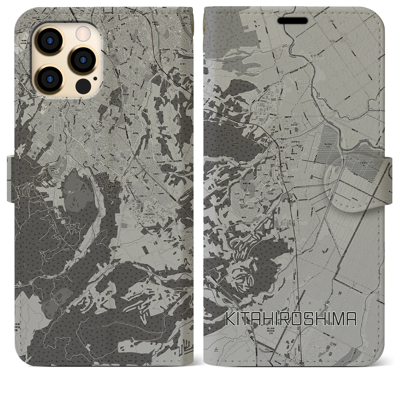 【北広島(北海道)】地図柄iPhoneケース(手帳タイプ)モノトーン・iPhone 12 Pro Max 用