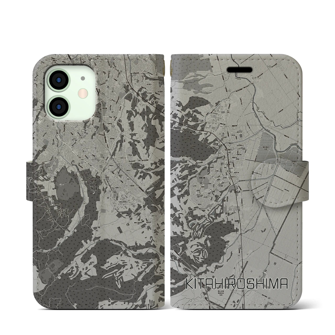 【北広島(北海道)】地図柄iPhoneケース(手帳タイプ)モノトーン・iPhone 12 mini 用