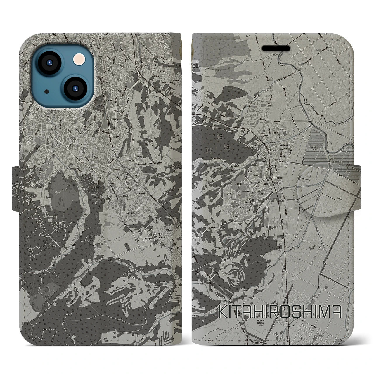 【北広島(北海道)】地図柄iPhoneケース(手帳タイプ)モノトーン・iPhone 13 用