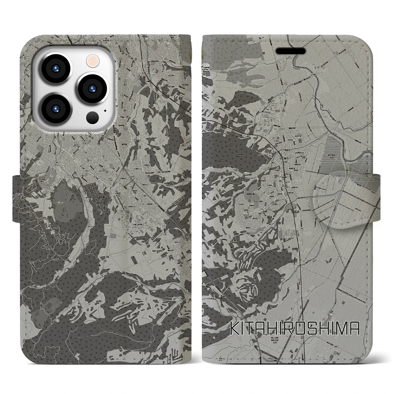 【北広島(北海道)】地図柄iPhoneケース(手帳タイプ)モノトーン・iPhone 13 Pro 用