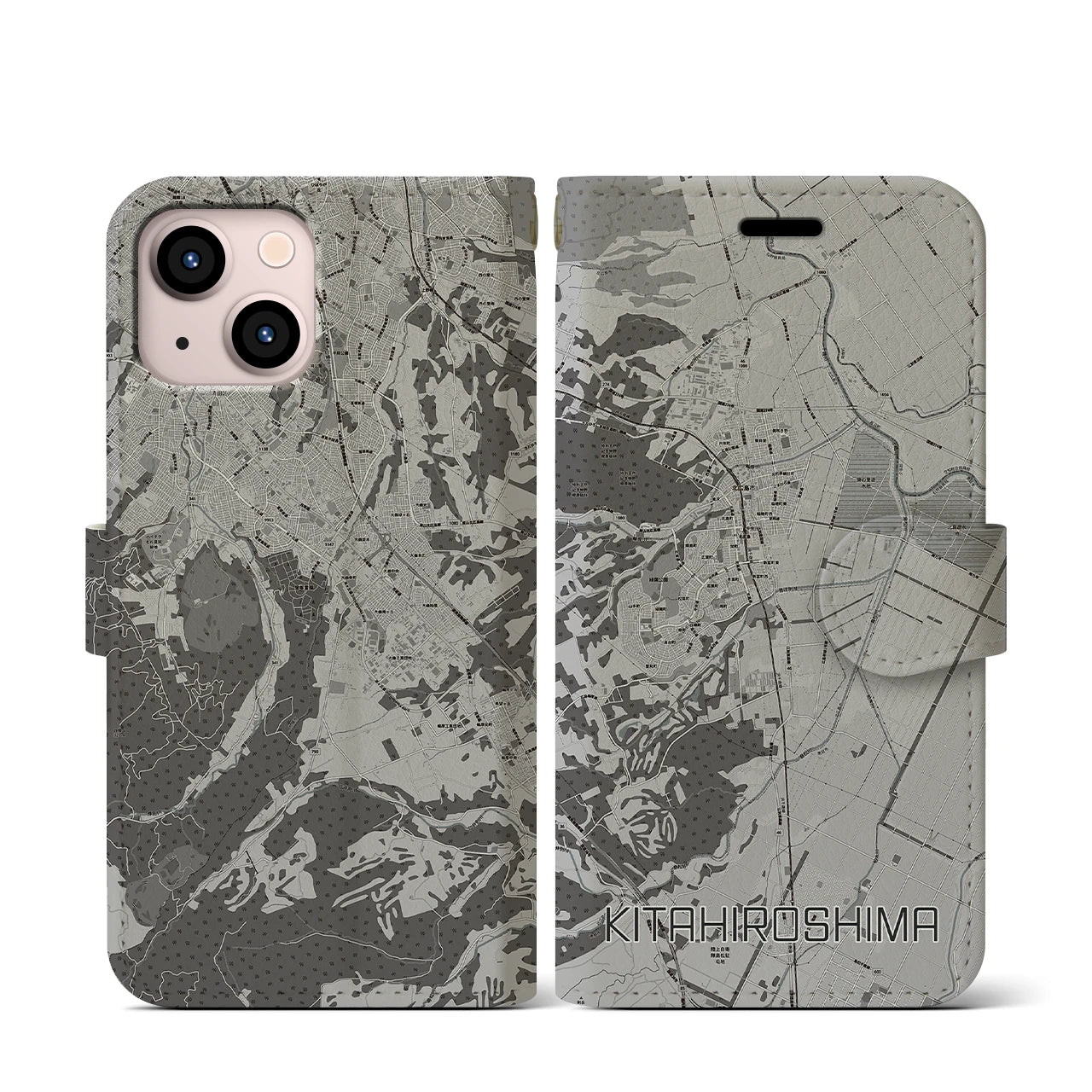【北広島(北海道)】地図柄iPhoneケース(手帳タイプ)モノトーン・iPhone 13 mini 用