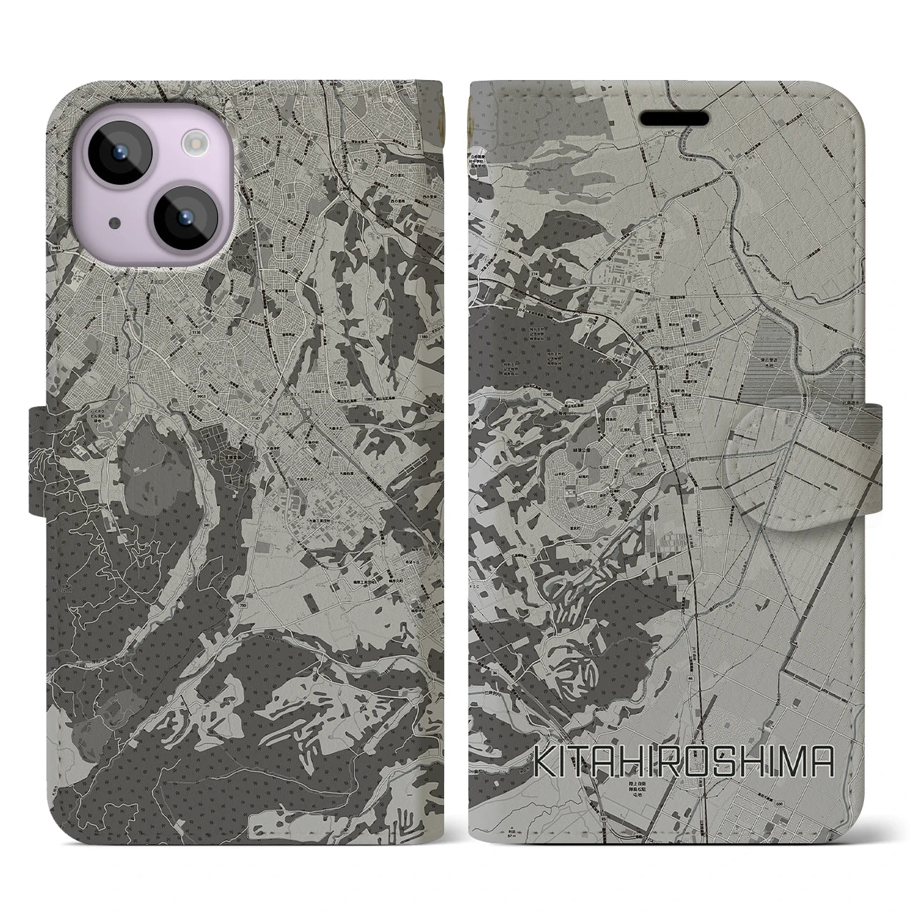 【北広島(北海道)】地図柄iPhoneケース(手帳タイプ)モノトーン・iPhone 14 用