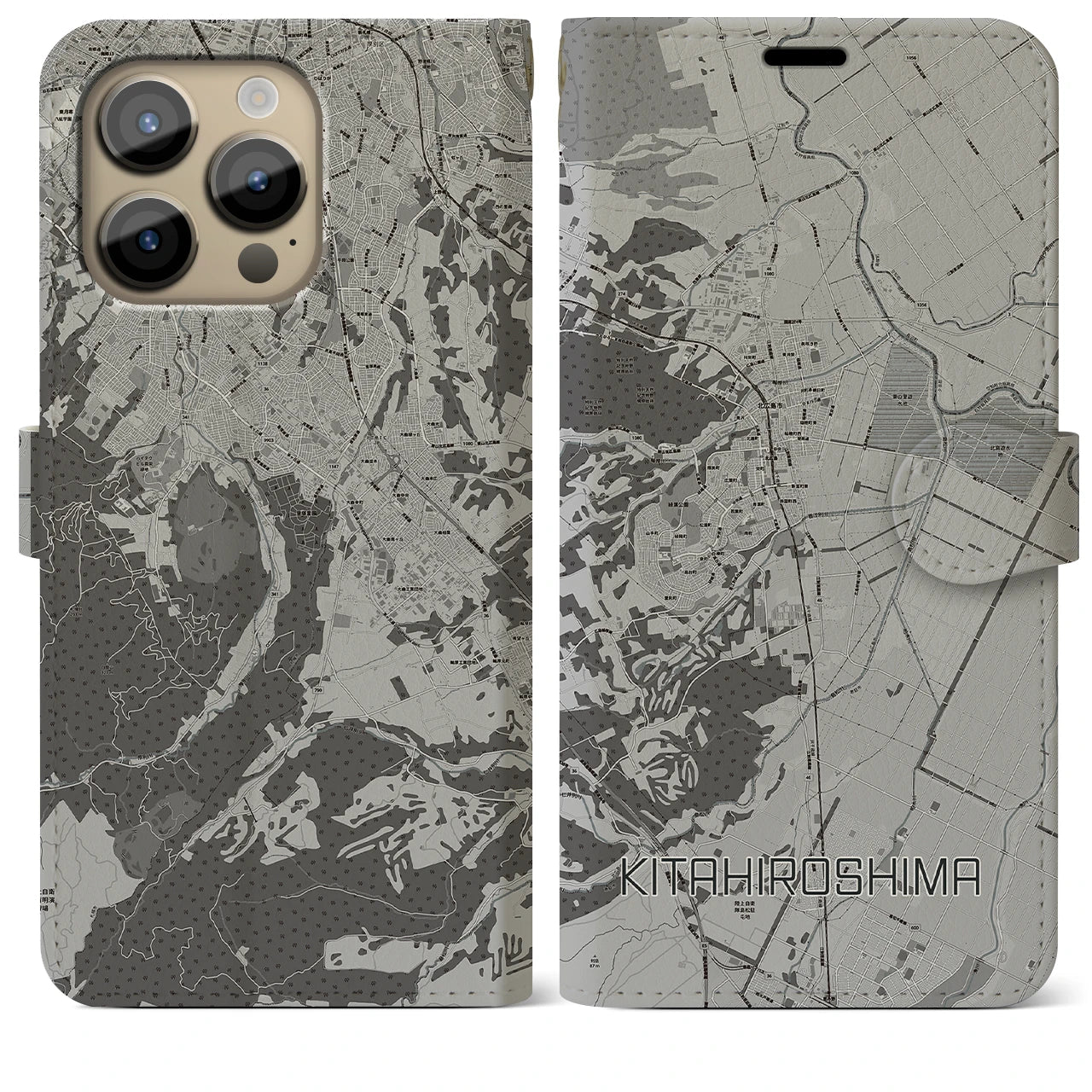 【北広島(北海道)】地図柄iPhoneケース(手帳タイプ)モノトーン・iPhone 14 Pro Max 用