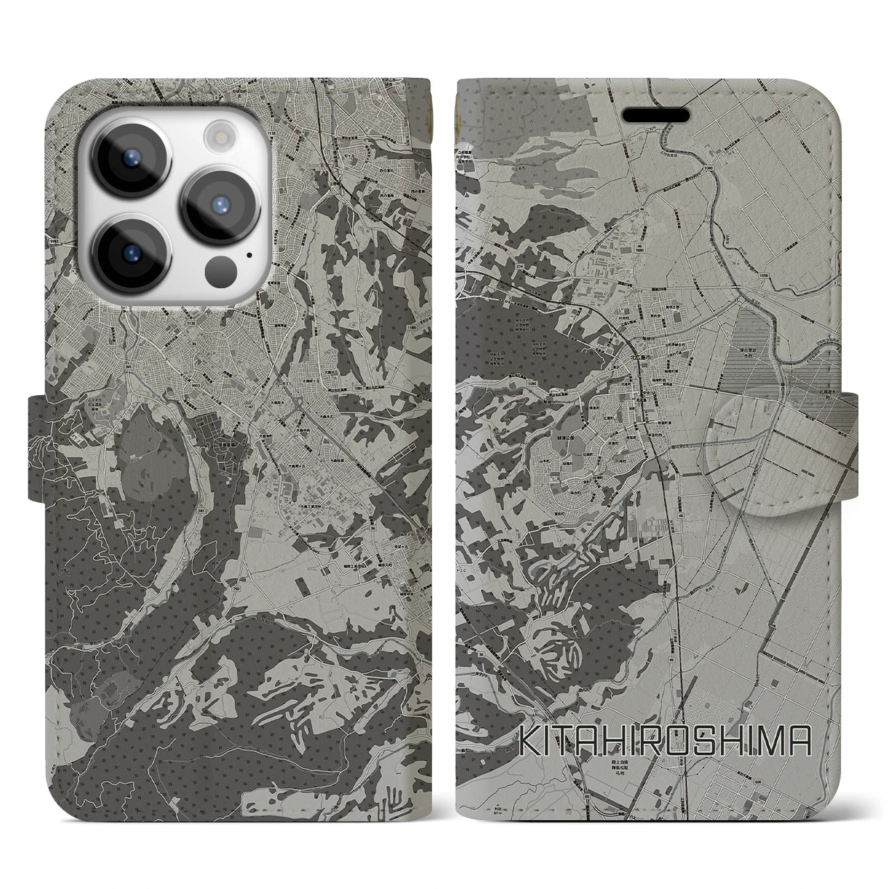 【北広島(北海道)】地図柄iPhoneケース(手帳タイプ)モノトーン・iPhone 14 Pro 用