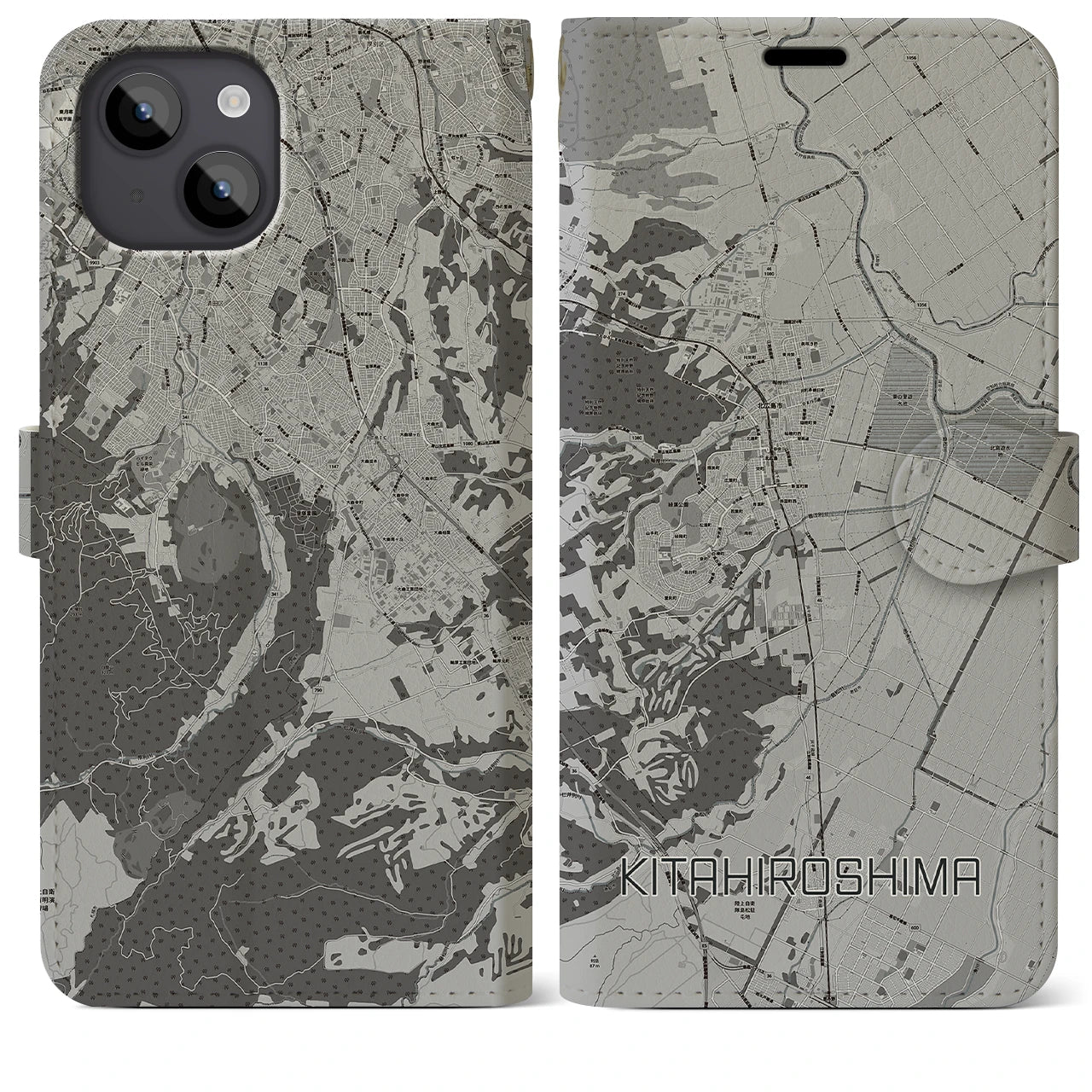 【北広島(北海道)】地図柄iPhoneケース(手帳タイプ)モノトーン・iPhone 14 Plus 用