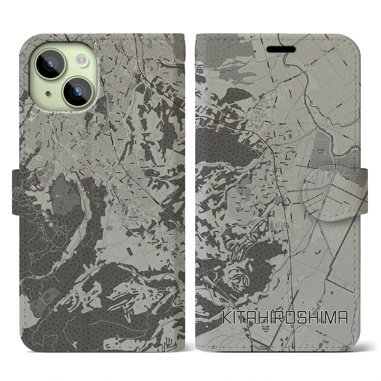 【北広島(北海道)】地図柄iPhoneケース(手帳タイプ)モノトーン・iPhone 15 用