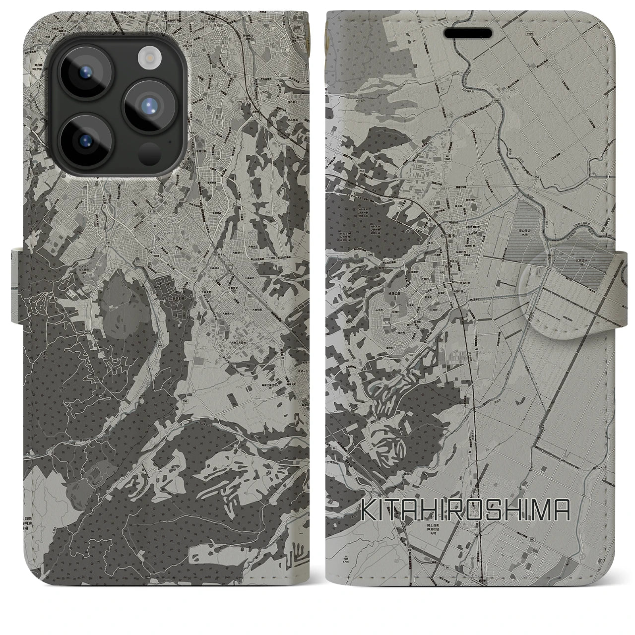 【北広島(北海道)】地図柄iPhoneケース(手帳タイプ)モノトーン・iPhone 15 Pro Max 用