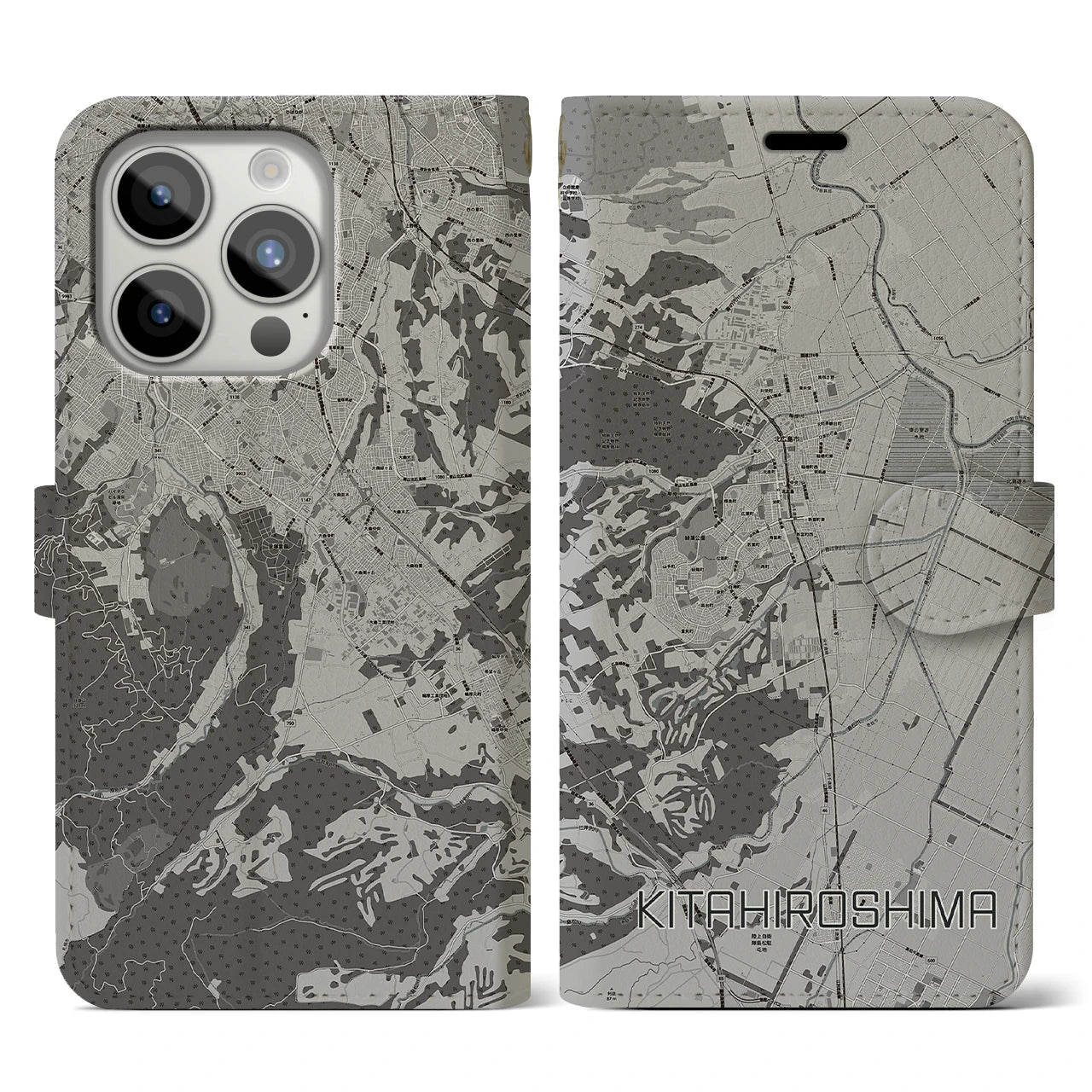 【北広島(北海道)】地図柄iPhoneケース(手帳タイプ)モノトーン・iPhone 15 Pro 用